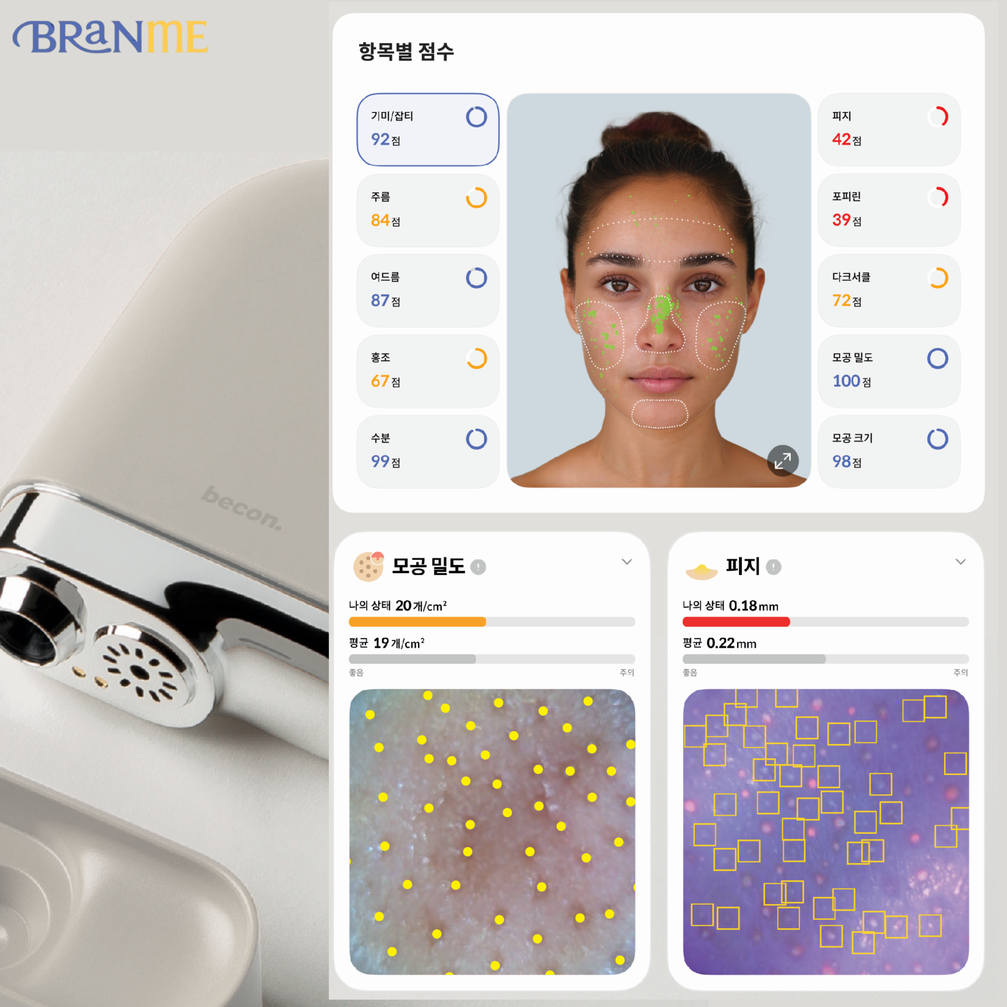 BRANME skin analysis device and sample results screen