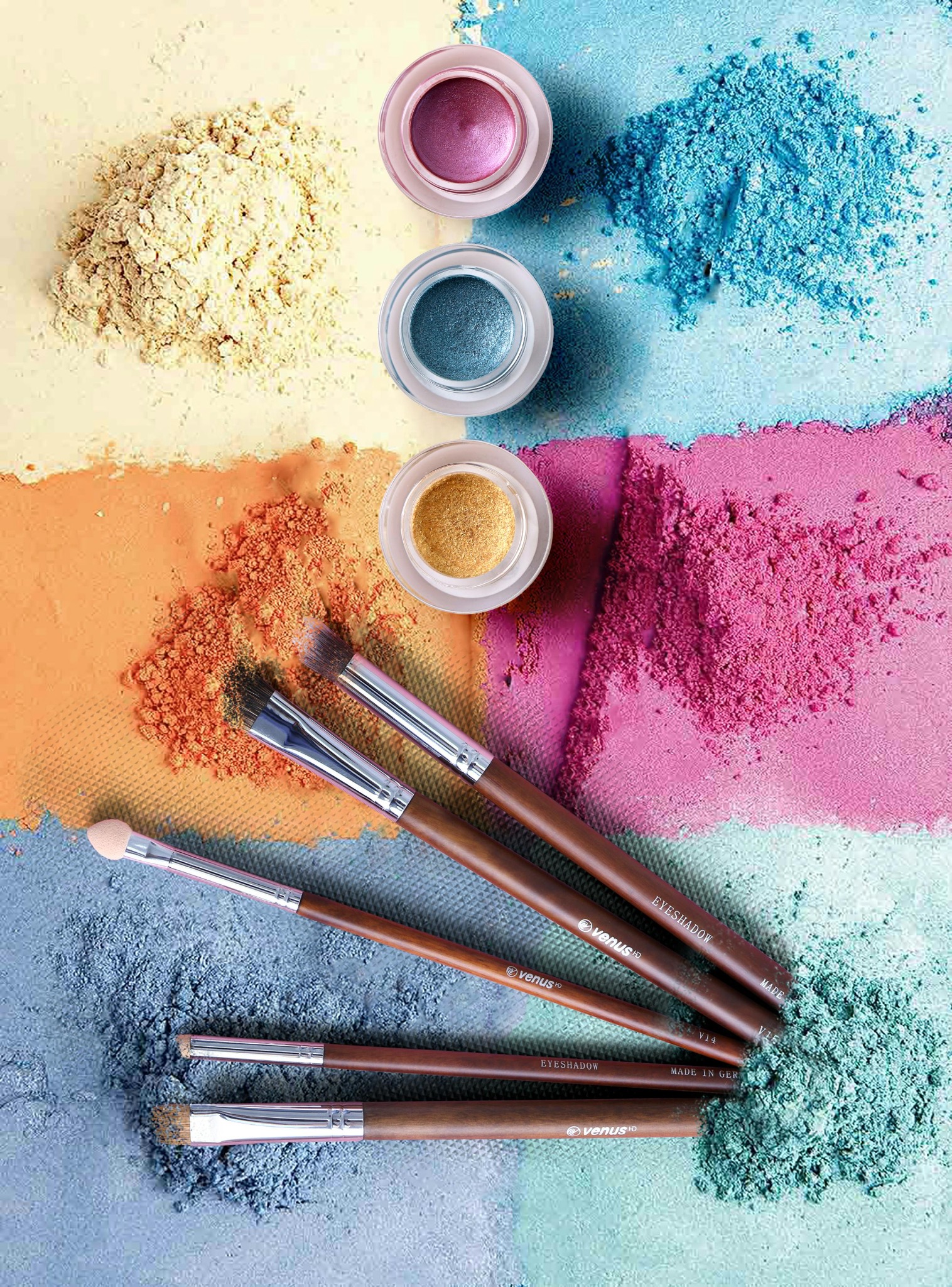 Color makeup products and makeup brushes